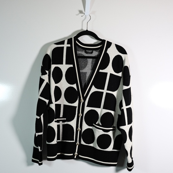 Kate Spade Noel Logo Print Pattern Wool Stretch Knit Cardigan Sweater Black M - Picture 1 of 4